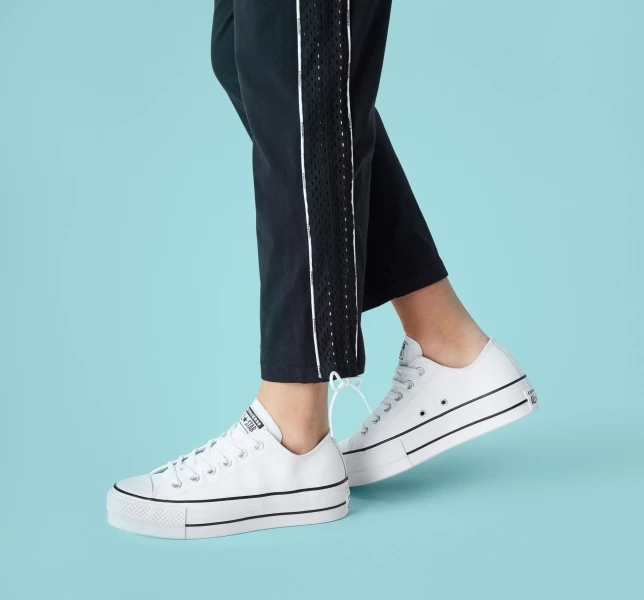 Converse Chuck Taylor All Star Lift Deri Kadın Platform Ayakkabı Beyaz Siyah Beyaz | 7481-NHPUX