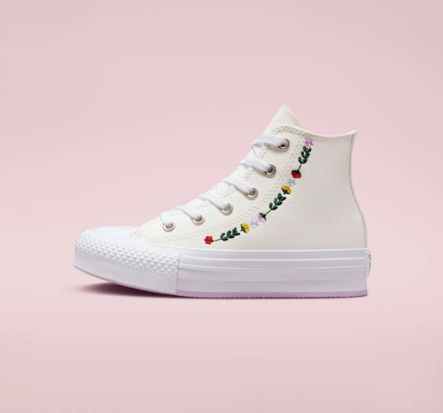 Converse Chuck Taylor All Star Lift Floral Embroidery Çocuk Platform Ayakkabı Beyaz Beyaz | 5716-XUIFV