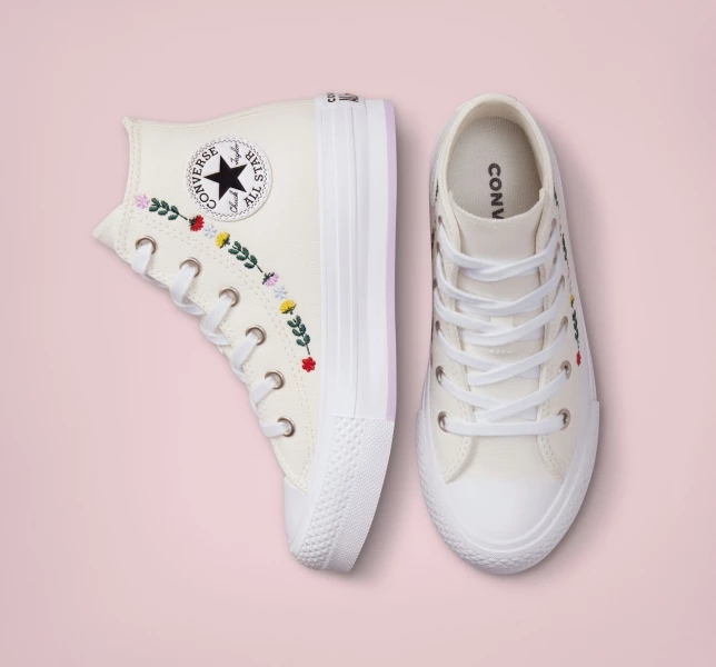 Converse Chuck Taylor All Star Lift Floral Embroidery Çocuk Platform Ayakkabı Beyaz Beyaz | 5716-XUIFV