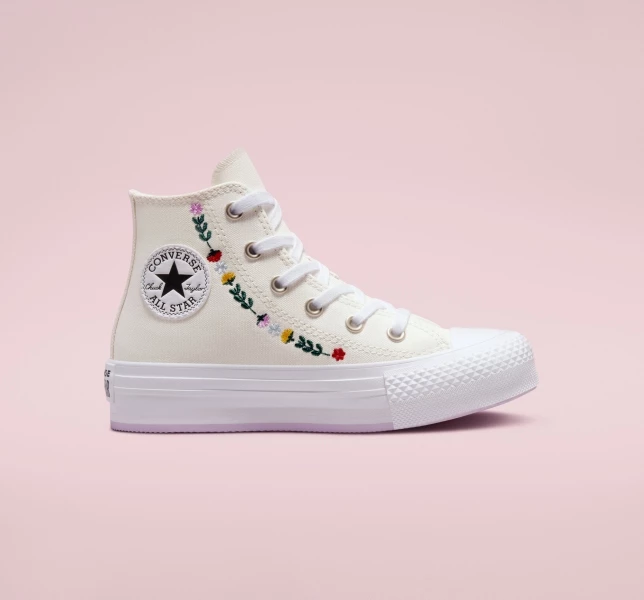 Converse Chuck Taylor All Star Lift Floral Embroidery Çocuk Platform Ayakkabı Beyaz Beyaz | 5716-XUIFV